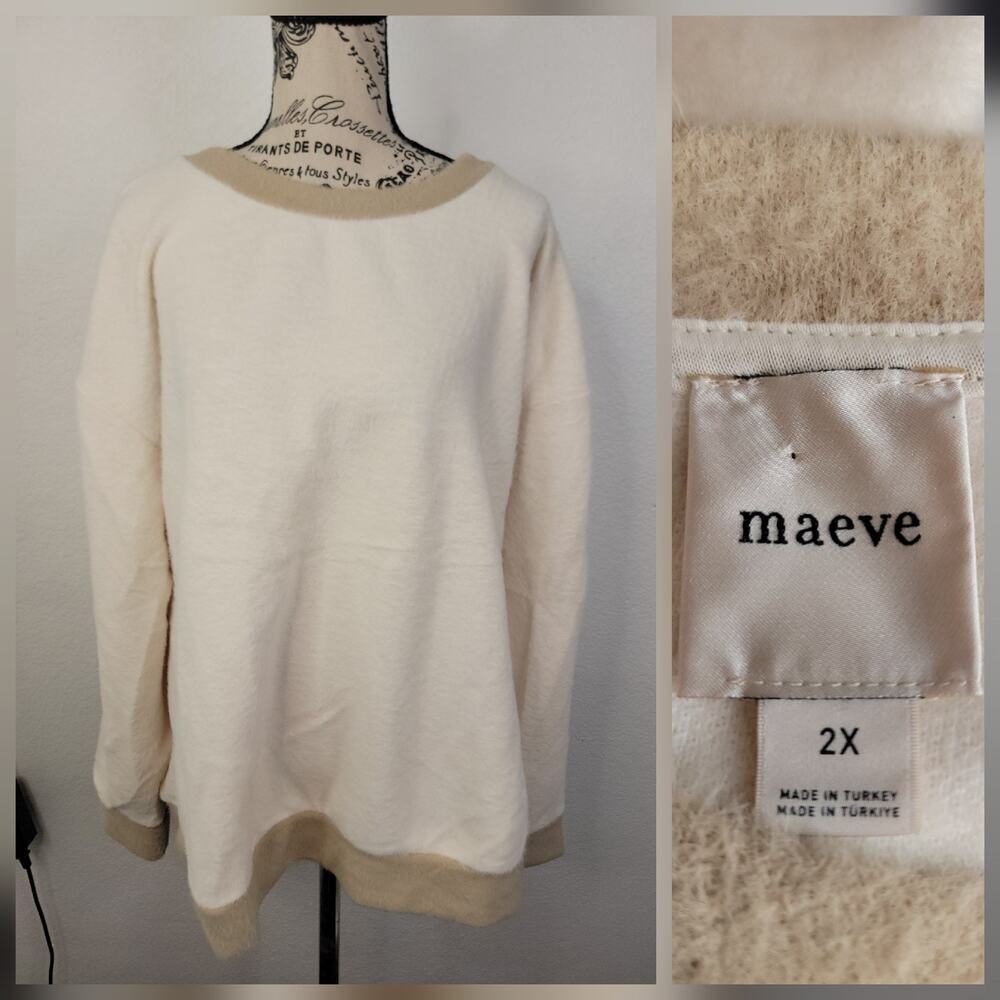 Maeve Anthropologie Sweater Women 2x Ivory Brown Cozy Ringer Oversized Comfort